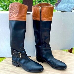 Vince Camuto Black Brown Leather Zip Up Tall Boots Size 6.5 Silver Buckles Logo